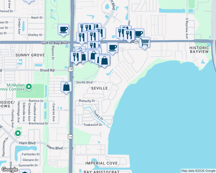 map of restaurants, bars, coffee shops, grocery stores, and more near 2650 Pearce Drive in Clearwater