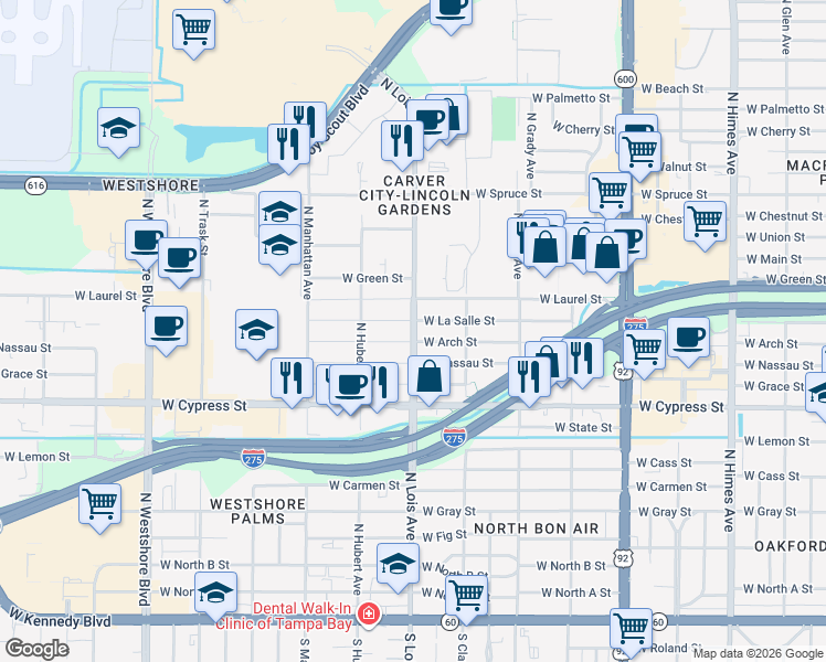 map of restaurants, bars, coffee shops, grocery stores, and more near North Lois Avenue in Tampa
