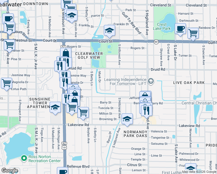 map of restaurants, bars, coffee shops, grocery stores, and more near 909 Chester Drive in Clearwater