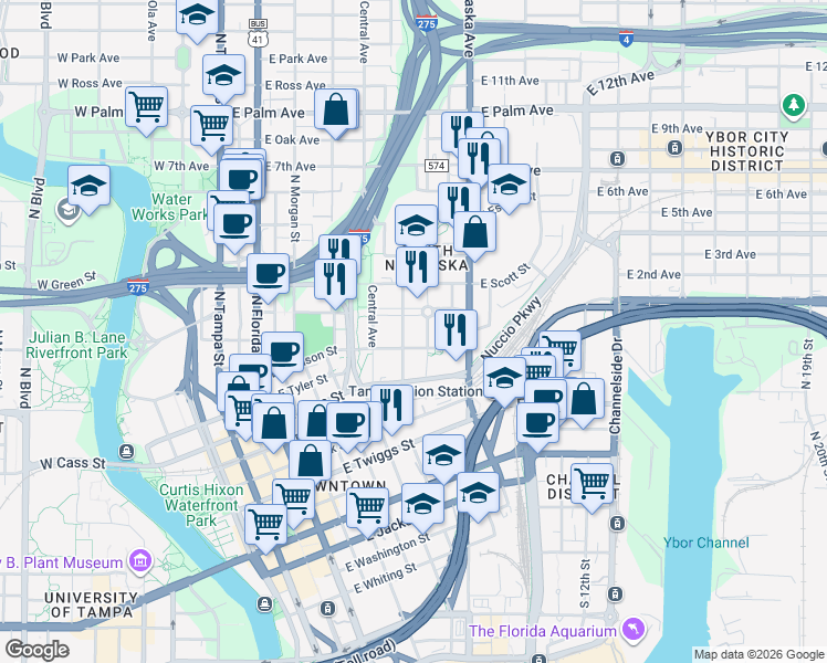 map of restaurants, bars, coffee shops, grocery stores, and more near 1218 Ray Charles Boulevard in Tampa