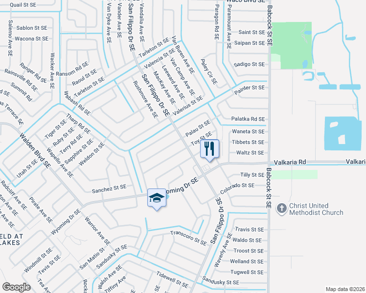 map of restaurants, bars, coffee shops, grocery stores, and more near 1428 Palau Street Southeast in Palm Bay