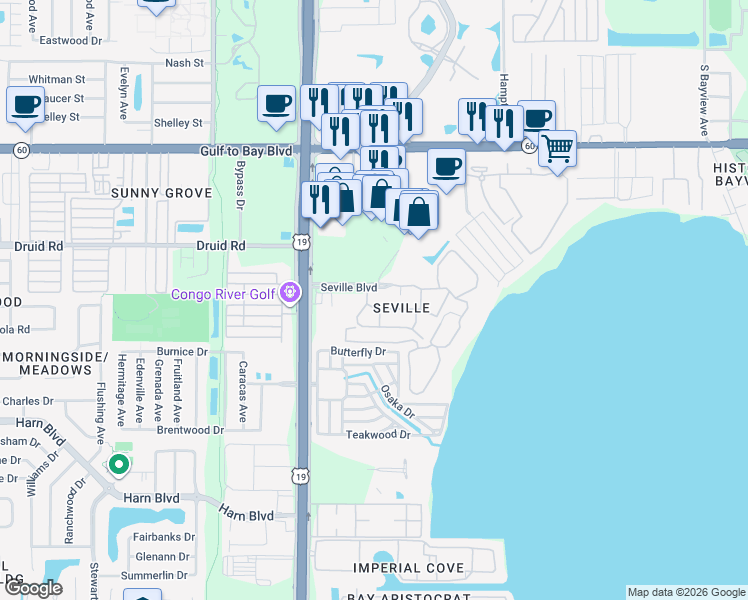 map of restaurants, bars, coffee shops, grocery stores, and more near 2717 Seville Boulevard in Clearwater