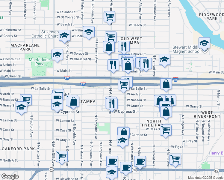 map of restaurants, bars, coffee shops, grocery stores, and more near 2339 West La Salle Street in Tampa