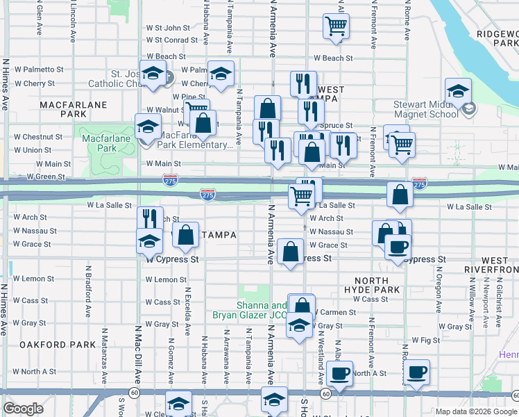 map of restaurants, bars, coffee shops, grocery stores, and more near 2607 West La Salle Street in Tampa