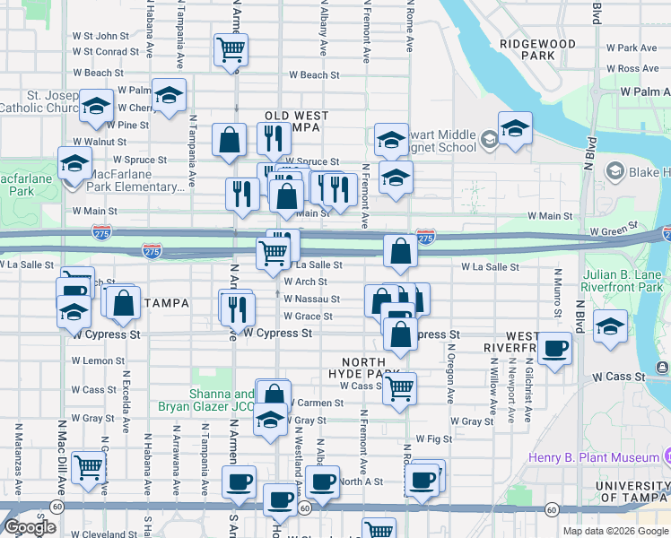 map of restaurants, bars, coffee shops, grocery stores, and more near 1945 West La Salle Street in Tampa