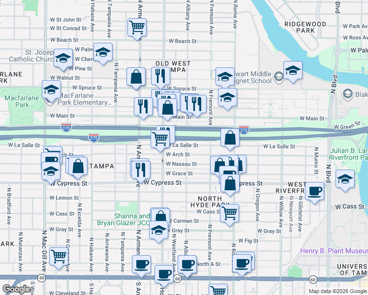 map of restaurants, bars, coffee shops, grocery stores, and more near Highway 93 in Tampa