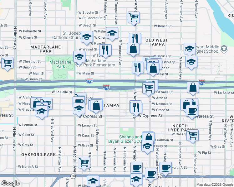 map of restaurants, bars, coffee shops, grocery stores, and more near 2711 West La Salle Street in Tampa