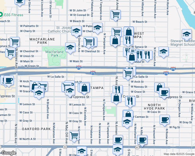 map of restaurants, bars, coffee shops, grocery stores, and more near 2711 West La Salle Street in Tampa