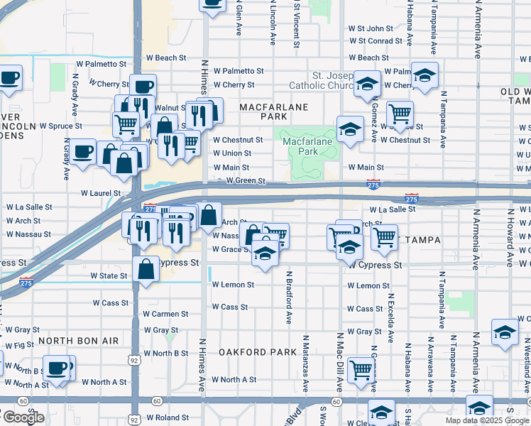 map of restaurants, bars, coffee shops, grocery stores, and more near 3317 West La Salle Street in Tampa