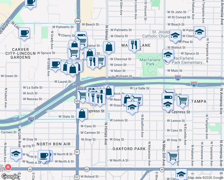 map of restaurants, bars, coffee shops, grocery stores, and more near 3409 West La Salle Street in Tampa