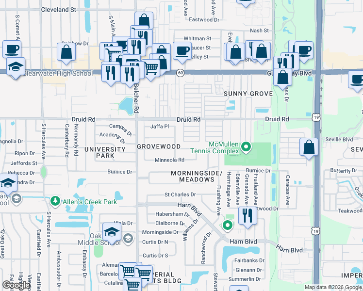 map of restaurants, bars, coffee shops, grocery stores, and more near 2298 Grovewood Road in Clearwater