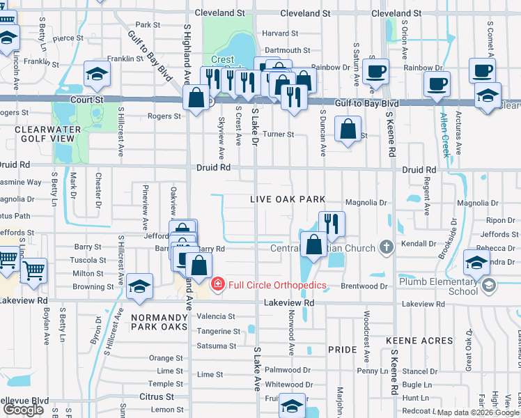 map of restaurants, bars, coffee shops, grocery stores, and more near 1581 Magnolia Drive in Clearwater