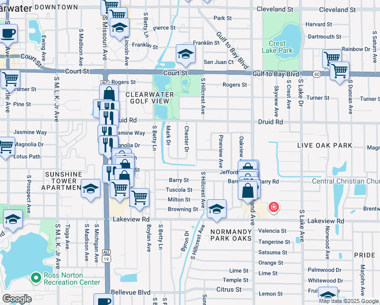 map of restaurants, bars, coffee shops, grocery stores, and more near 909 Chester Drive in Clearwater