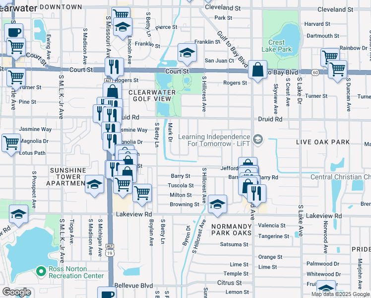 map of restaurants, bars, coffee shops, grocery stores, and more near 909 Chester Drive in Clearwater