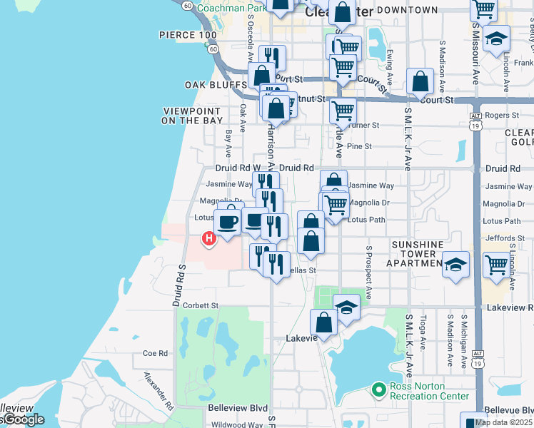 map of restaurants, bars, coffee shops, grocery stores, and more near 909 South Fort Harrison Avenue in Clearwater