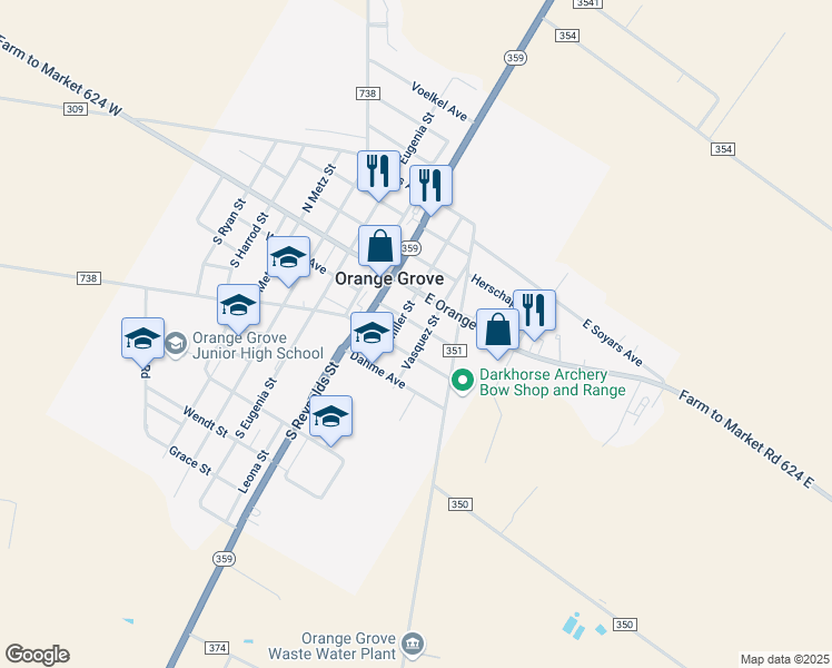 map of restaurants, bars, coffee shops, grocery stores, and more near 202 Pundt Avenue in Orange Grove