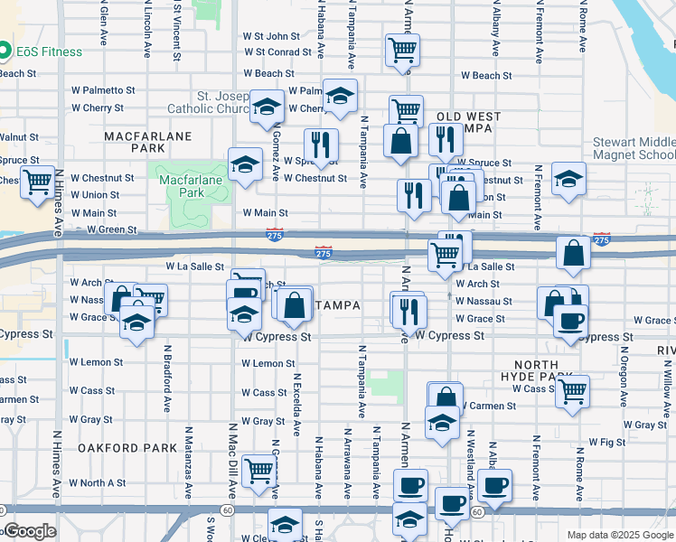 map of restaurants, bars, coffee shops, grocery stores, and more near 2711 West La Salle Street in Tampa