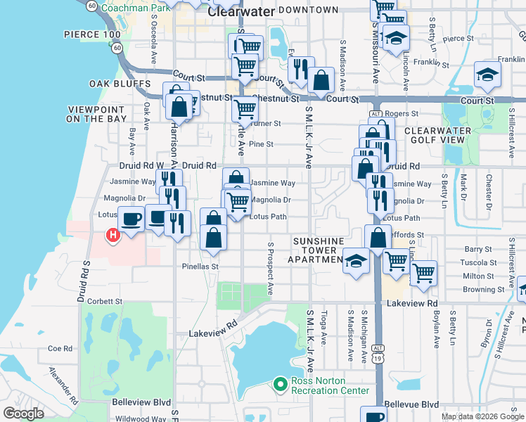 map of restaurants, bars, coffee shops, grocery stores, and more near 1006 South Prospect Avenue in Clearwater