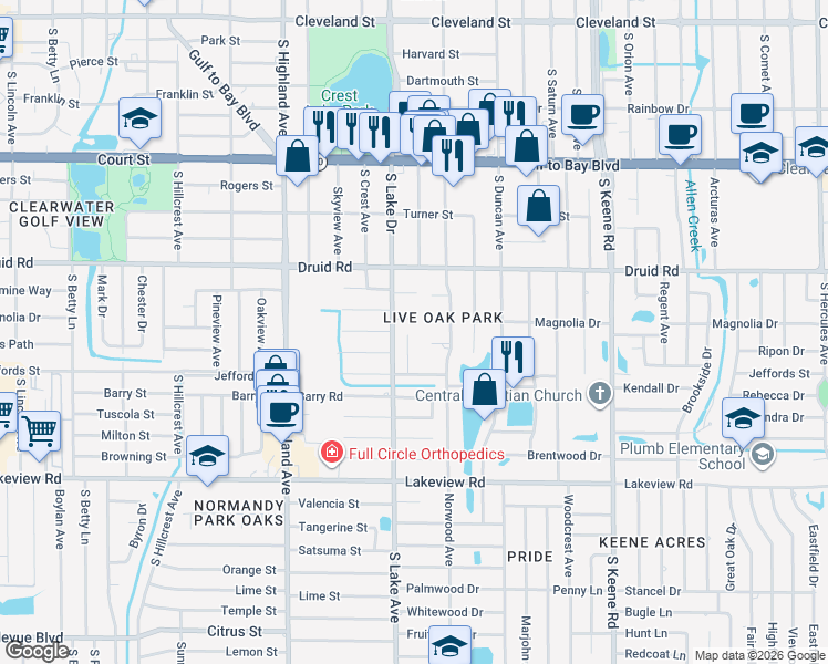 map of restaurants, bars, coffee shops, grocery stores, and more near 1622 Jacob Court in Clearwater