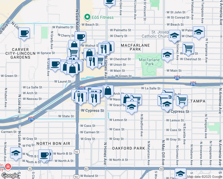 map of restaurants, bars, coffee shops, grocery stores, and more near 3409 West La Salle Street in Tampa