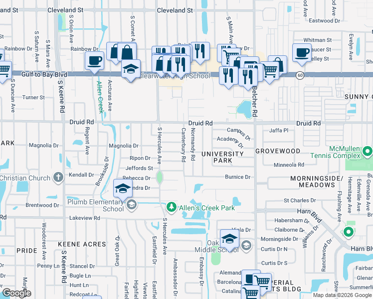 map of restaurants, bars, coffee shops, grocery stores, and more near 2050 Magnolia Drive in Clearwater