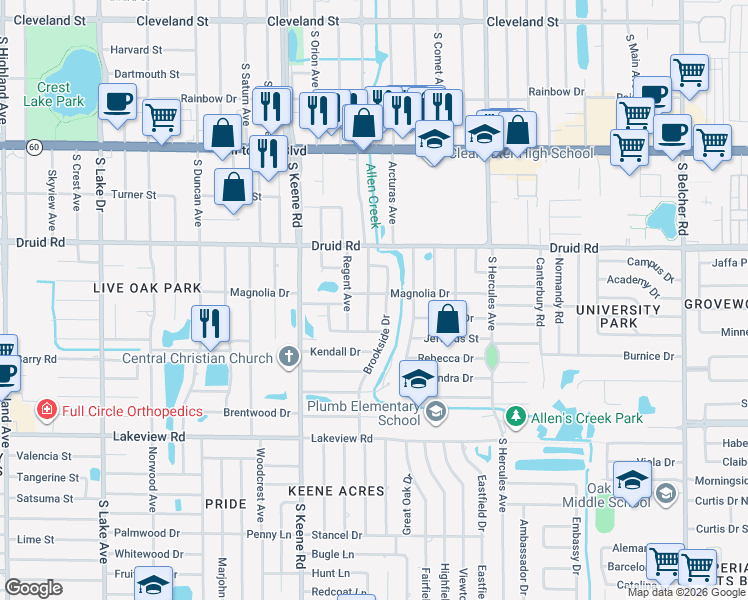 map of restaurants, bars, coffee shops, grocery stores, and more near 1001 Willowbranch Avenue in Clearwater