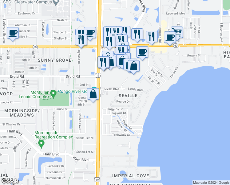 map of restaurants, bars, coffee shops, grocery stores, and more near 20069 US Highway 19 North in Clearwater