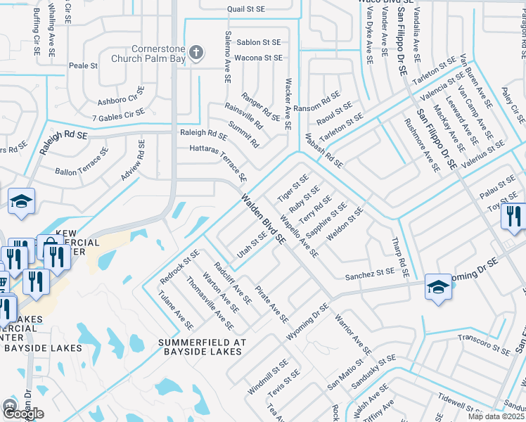 map of restaurants, bars, coffee shops, grocery stores, and more near 1013 Walden Boulevard Southeast in Palm Bay