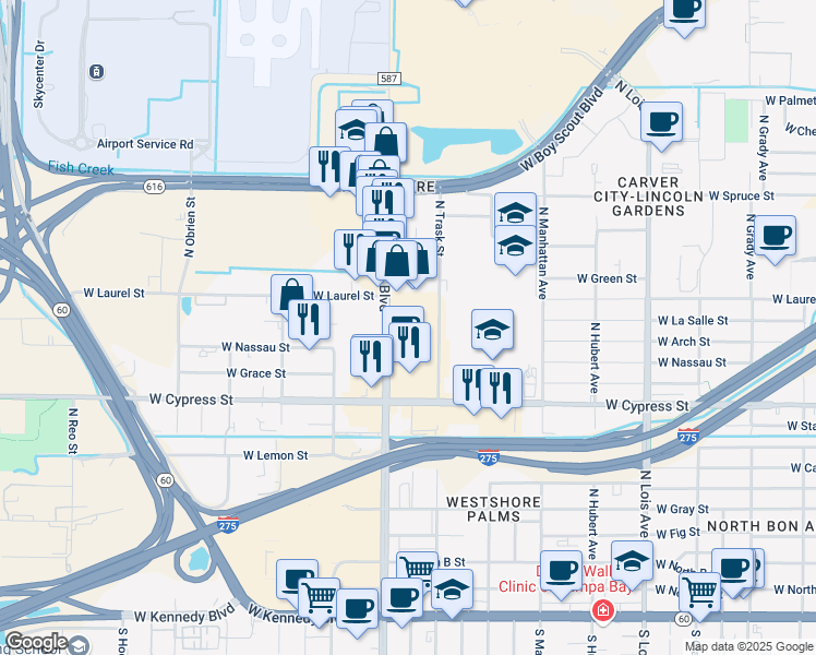 map of restaurants, bars, coffee shops, grocery stores, and more near 1311 North Westshore Boulevard in Tampa