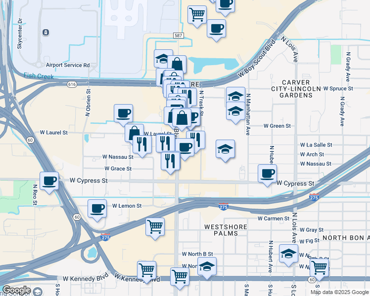 map of restaurants, bars, coffee shops, grocery stores, and more near 1311 North Westshore Boulevard in Tampa