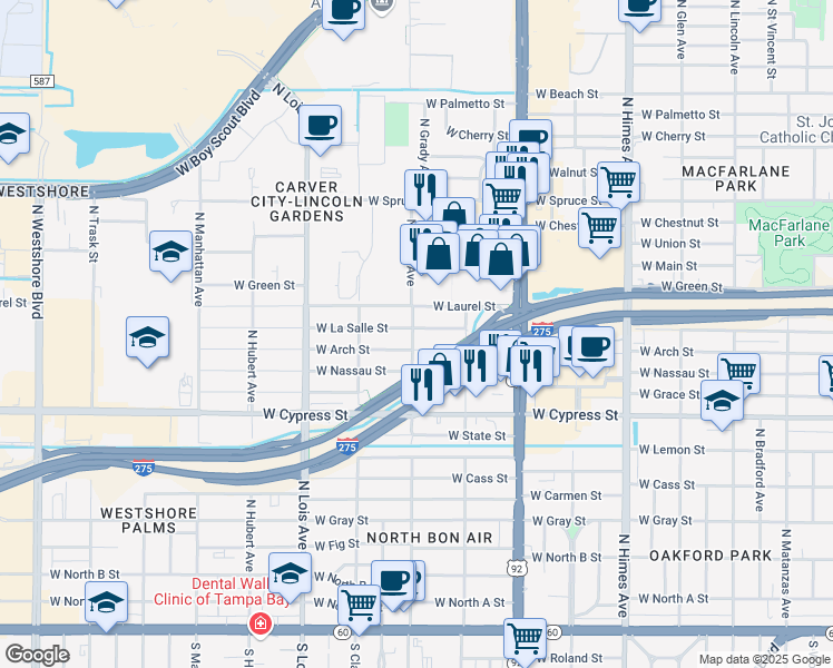 map of restaurants, bars, coffee shops, grocery stores, and more near 3918 West Laurel Street in Tampa