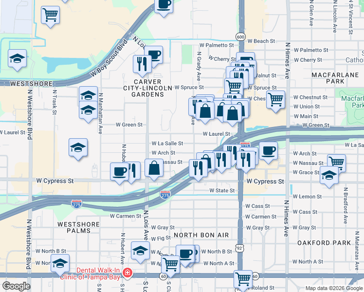 map of restaurants, bars, coffee shops, grocery stores, and more near 4007 West La Salle Street in Tampa