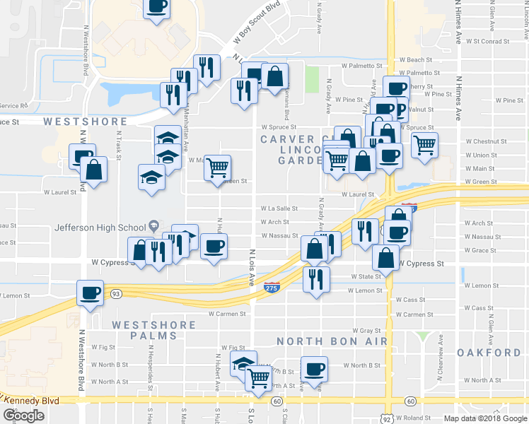 map of restaurants, bars, coffee shops, grocery stores, and more near 1405 North Lois Avenue in Tampa
