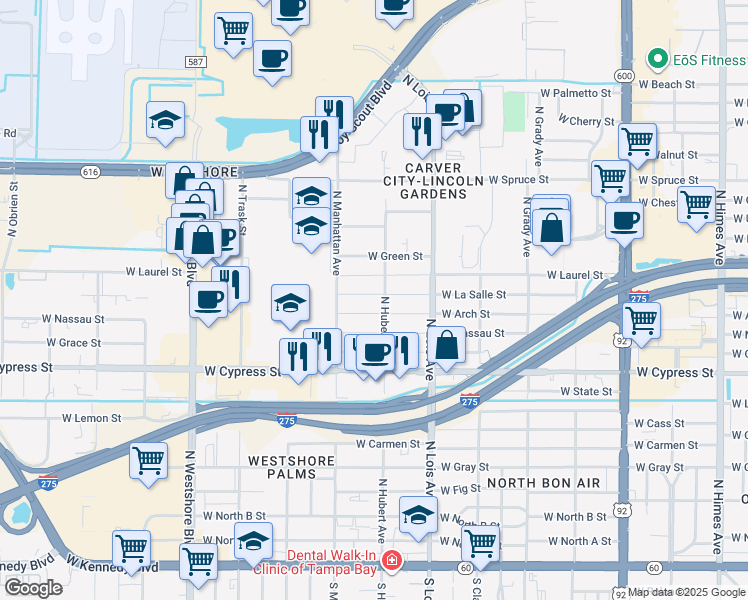 map of restaurants, bars, coffee shops, grocery stores, and more near 4307 West La Salle Street in Tampa