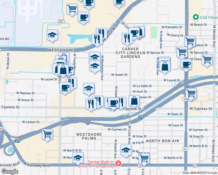 map of restaurants, bars, coffee shops, grocery stores, and more near 4307 West La Salle Street in Tampa