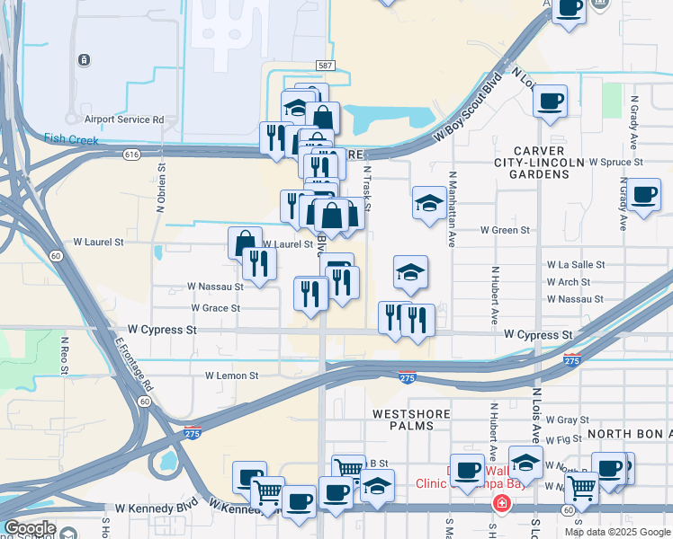 map of restaurants, bars, coffee shops, grocery stores, and more near in Tampa