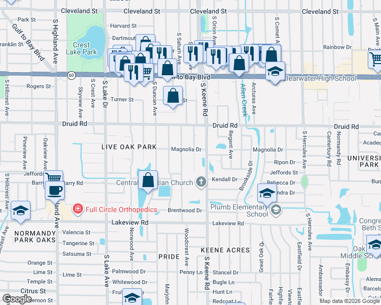 map of restaurants, bars, coffee shops, grocery stores, and more near 1756 Magnolia Drive in Clearwater
