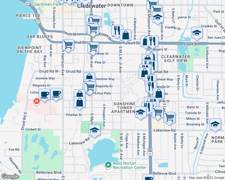 map of restaurants, bars, coffee shops, grocery stores, and more near 1006 Magnolia Drive in Clearwater