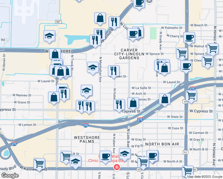 map of restaurants, bars, coffee shops, grocery stores, and more near 4307 West La Salle Street in Tampa