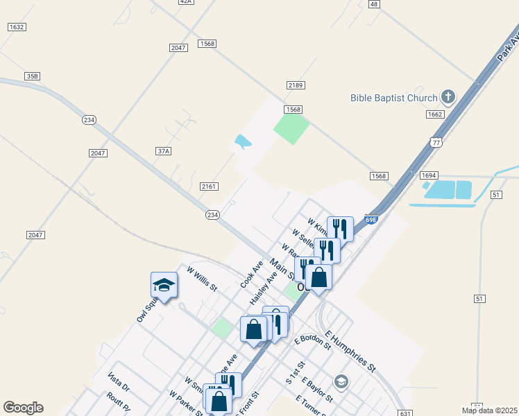 map of restaurants, bars, coffee shops, grocery stores, and more near 601 Main Street in Odem