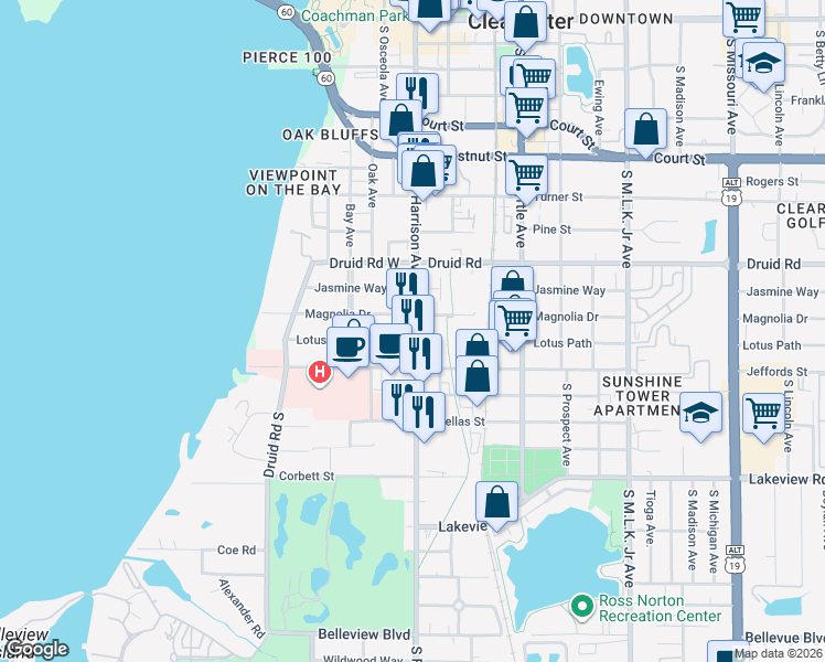 map of restaurants, bars, coffee shops, grocery stores, and more near 909 South Fort Harrison Avenue in Clearwater