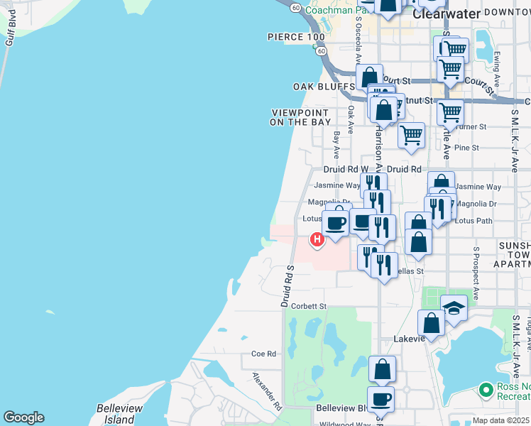 map of restaurants, bars, coffee shops, grocery stores, and more near 1020 Druid Rd S in Clearwater