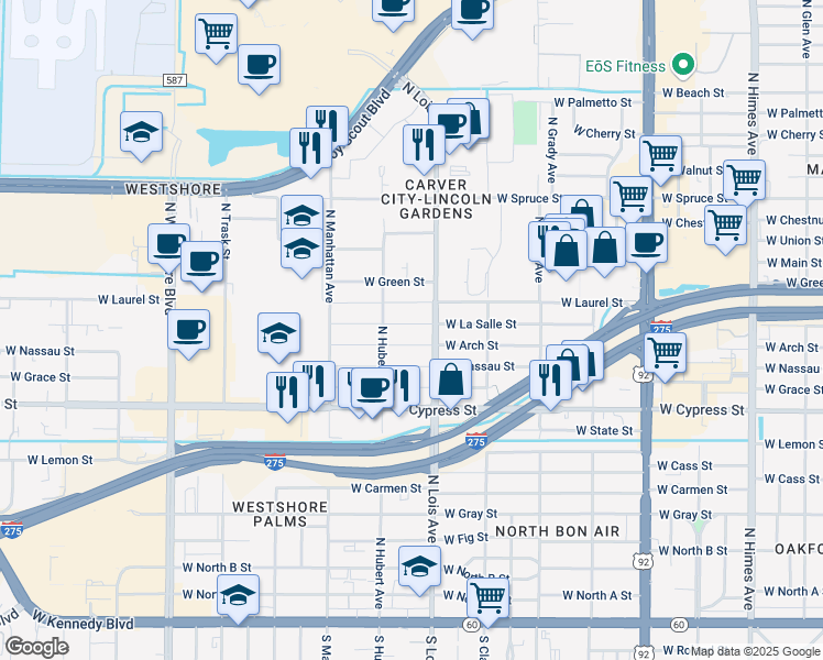map of restaurants, bars, coffee shops, grocery stores, and more near 4214 West Laurel Street in Tampa