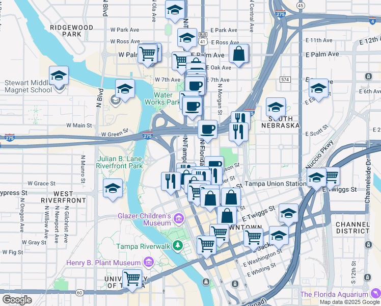 map of restaurants, bars, coffee shops, grocery stores, and more near 1313 North Tampa Street in Tampa