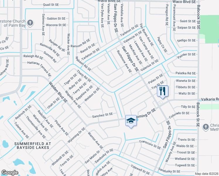 map of restaurants, bars, coffee shops, grocery stores, and more near 1300 Rascal Street Southeast in Palm Bay