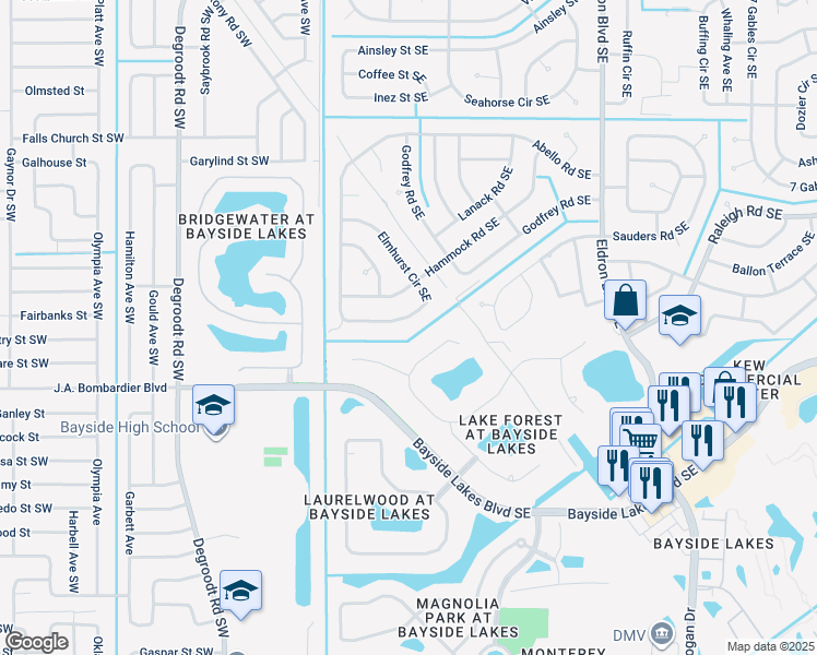 map of restaurants, bars, coffee shops, grocery stores, and more near 1688 Elmhurst Circle Southeast in Palm Bay