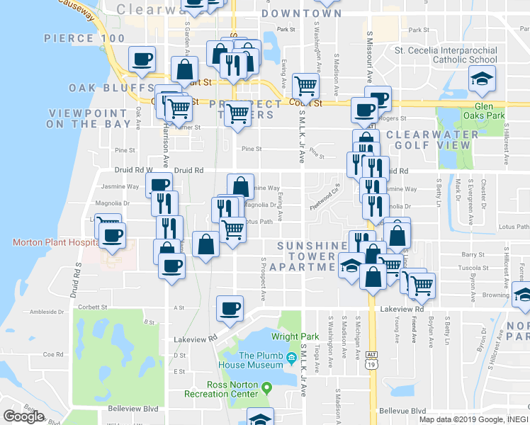 map of restaurants, bars, coffee shops, grocery stores, and more near 904 Magnolia Drive in Clearwater