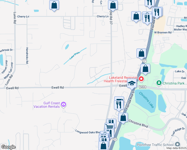 map of restaurants, bars, coffee shops, grocery stores, and more near 1079 Stoney Creek Drive in Lakeland