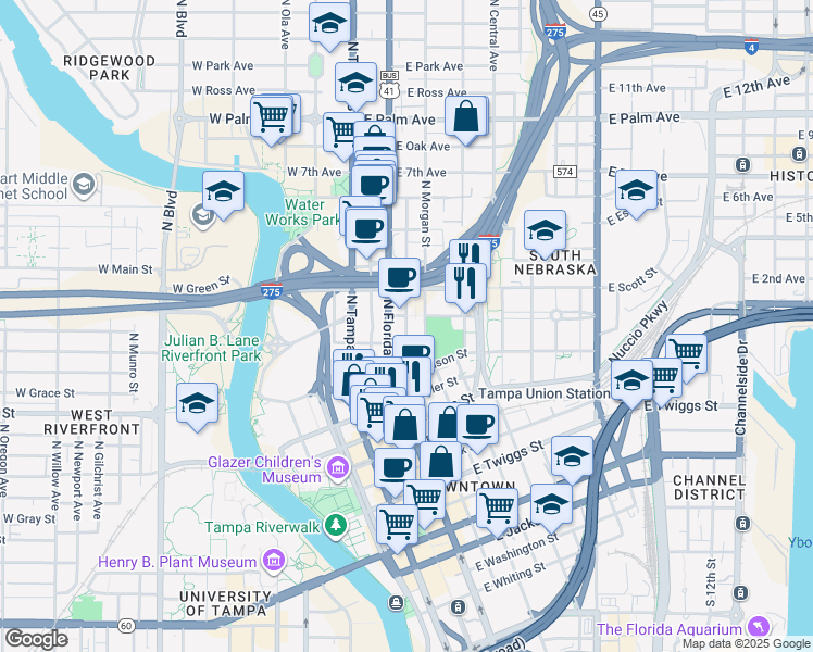 map of restaurants, bars, coffee shops, grocery stores, and more near 301 East Laurel Street in Tampa