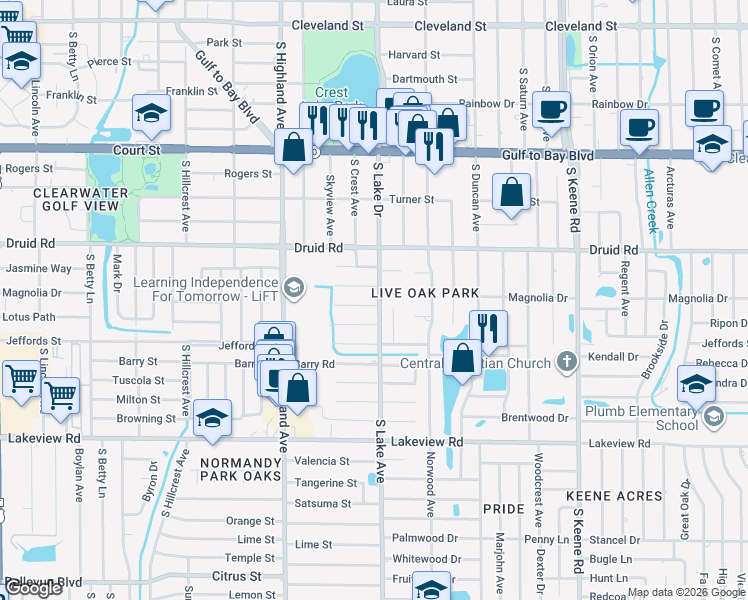 map of restaurants, bars, coffee shops, grocery stores, and more near 1581 Magnolia Drive in Clearwater
